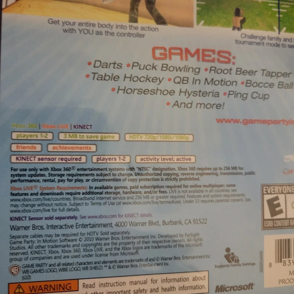 Game Party in Motion XBOX 360 KINECT WB games Arcade Games Complete w/ Manual
